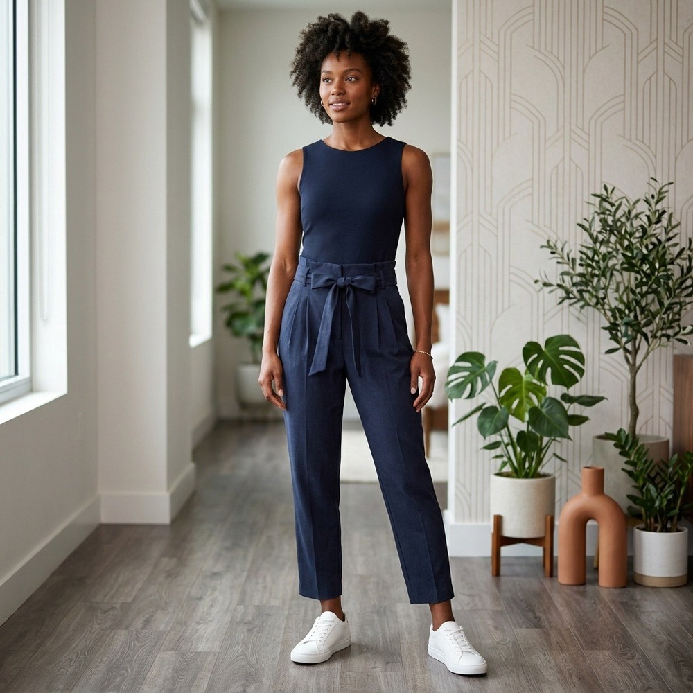 LOFT Petites Navy Melange Paperbag Waist Tie Belt Trousers Pants MP 514060